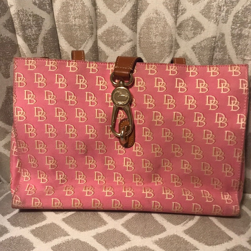 Dooney&Bourke bag, pink and yellow w brown leather